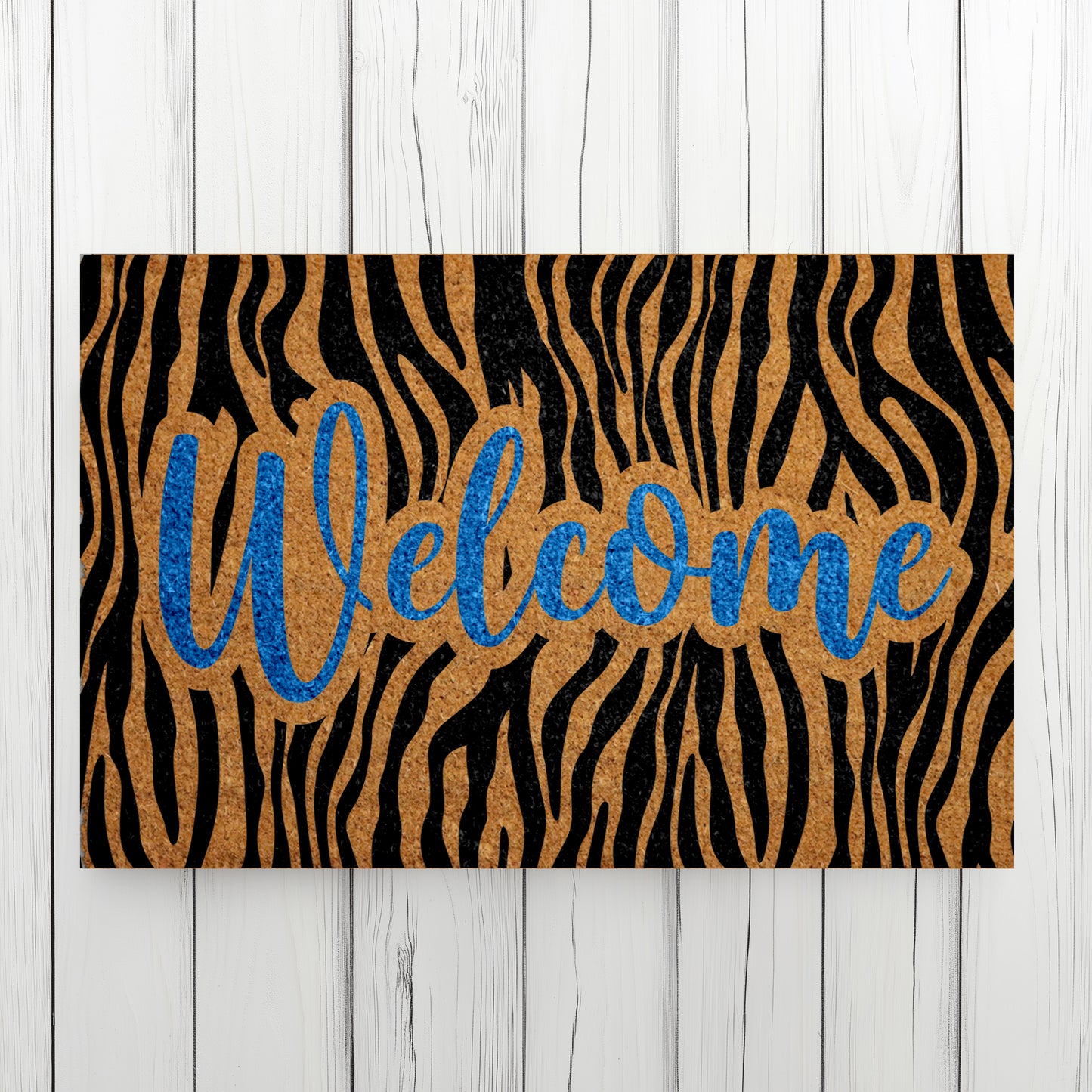 Blue Lettering Zebra Print Welcome Doormat, Eclectic Porch Decor