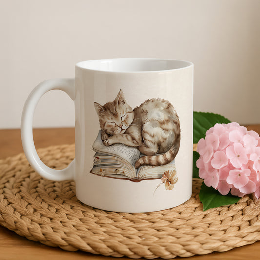 Cozy Cat Lover's Reading Mug, Bookworm Gift with Ceramic Charm