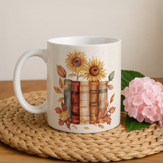 Sunflowers Mug, Cozy Bookworm Cup, Autumn Reader Drinkware.