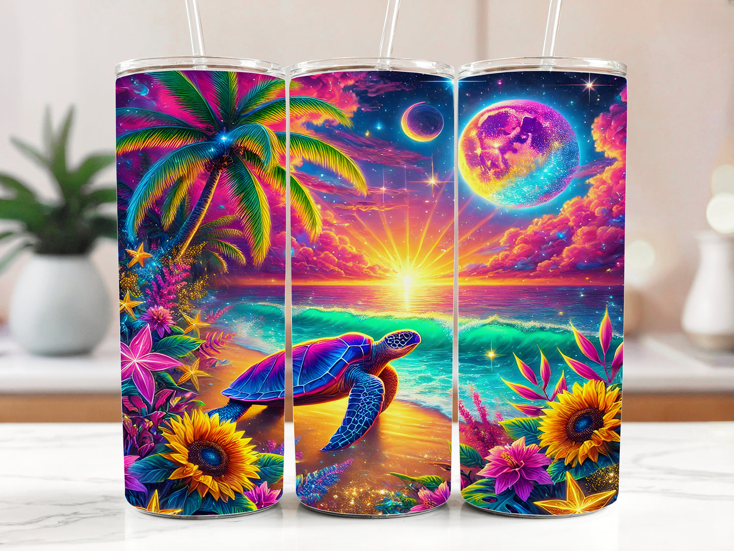 Vibrant Sea Turtle Tumbler, Tropical Ocean Scene Steel Water Bottle