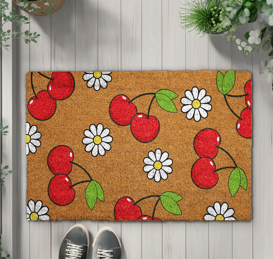 Cherry & Daisy Doormat: Sweet Summer Welcome, Unique Spring Decor