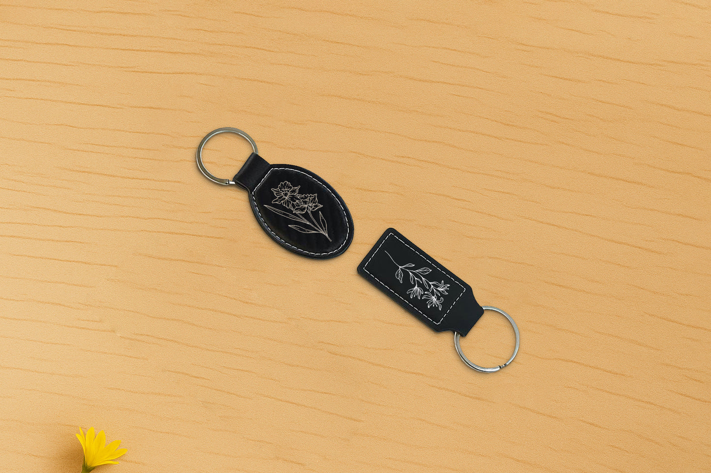 Custom Engraved Leather Keychain, Cute Bag Charm, Floral Themed Gift