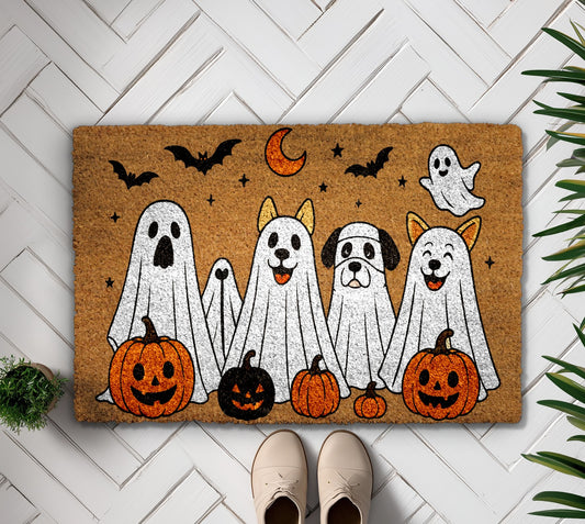 Ghost Dog Fall Decor, Cute Pumpkins Halloween Gift, Creepy Bat Porch Rug