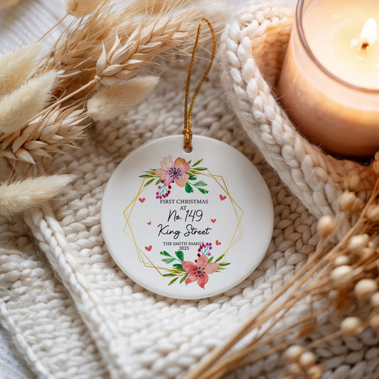 Personalized New Address Family Christmas Ornament, Floral Ceramic Keepsake