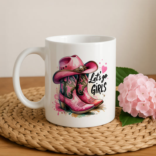 Country Girl Coffee Mug, Pink Boots & Hat Design Cup