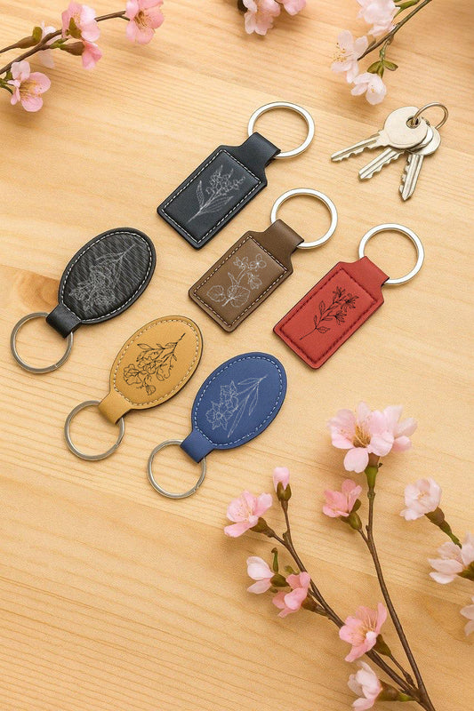 Custom Engraved Leather Keychain, Cute Bag Charm, Floral Themed Gift