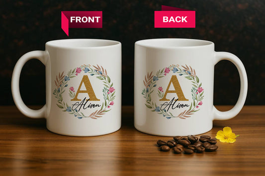 Floral Initial Pottery Cup, Personalized Name Coffee Mug, Elegant Tea Cup