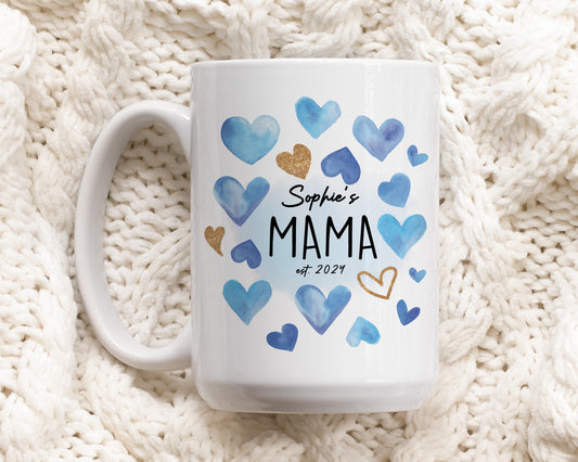 Watercolor Hearts Personalized Mama Est Ceramic Cup, Cute Mother's Day Gift