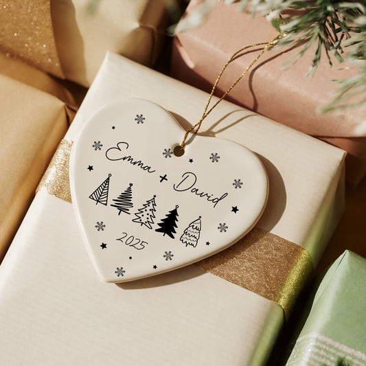 Custom Christmas Tree and Snowflake Ornaments, Heart-shaped Couple Keepsake, 2025 Decor