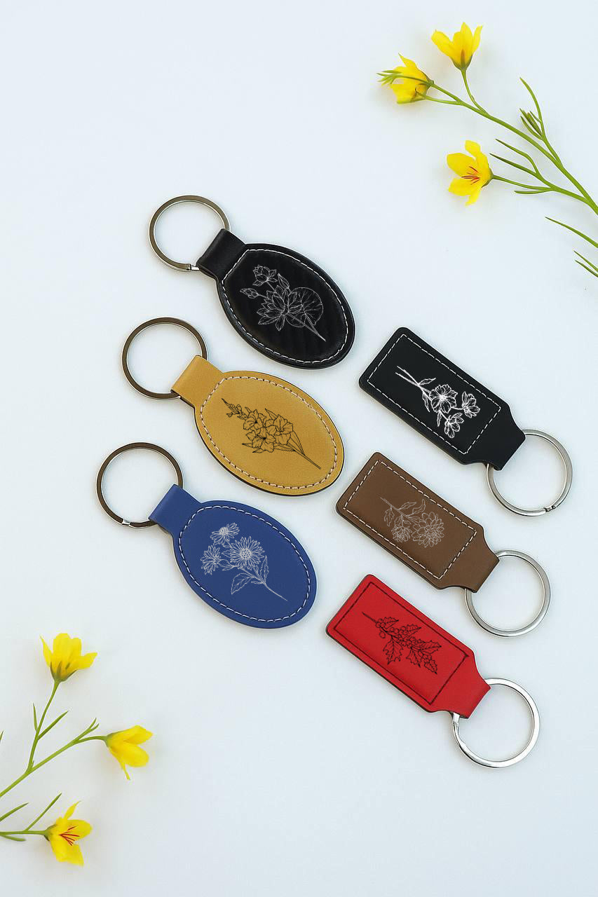 Custom Engraved Leather Keychain, Cute Bag Charm, Floral Themed Gift
