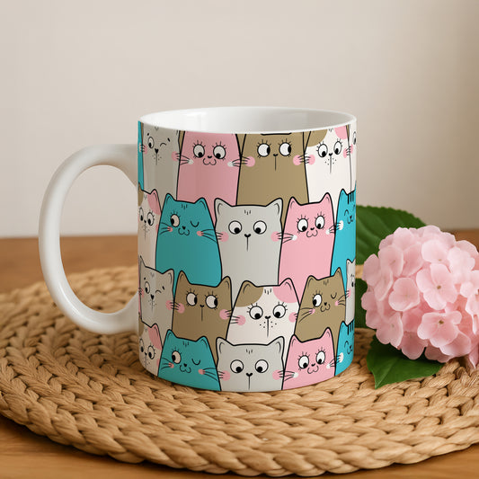 Colorful Cartoon Cats Ceramic Mug, Cute Kawaii Design, Cat Lover Gift
