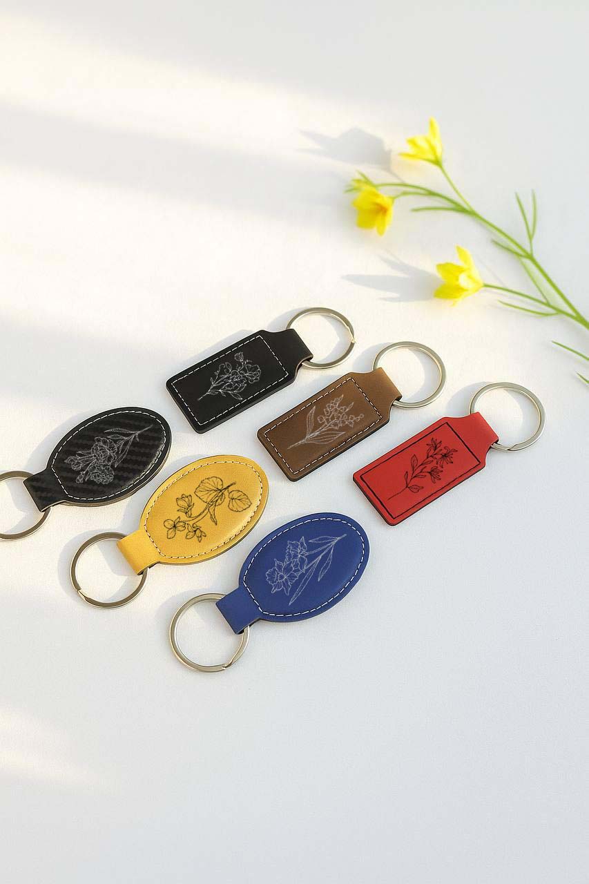 Custom Engraved Leather Keychain, Cute Bag Charm, Floral Themed Gift