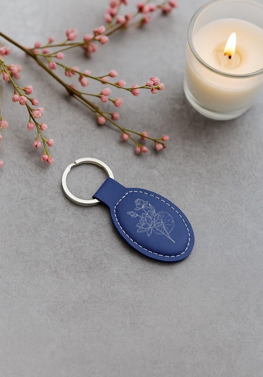 Custom Engraved Leather Keychain, Cute Bag Charm, Floral Themed Gift