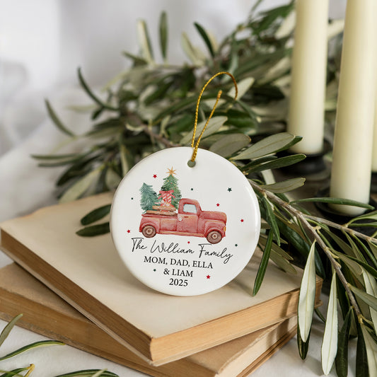 Personalized Ceramic Family Christmas Ornament, Car with Tree Hanging Decor