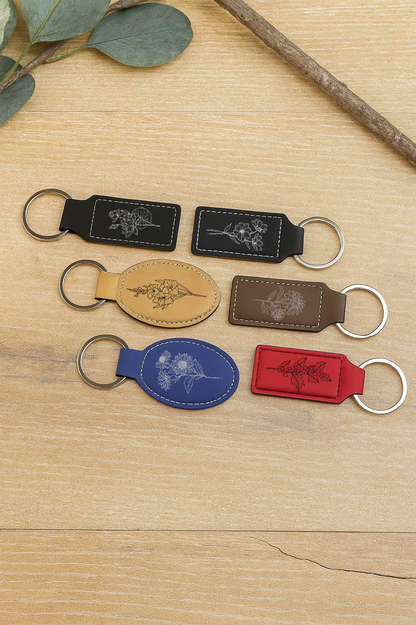 Custom Engraved Leather Keychain, Cute Bag Charm, Floral Themed Gift