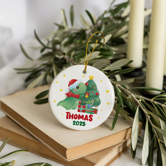 Personalized Dinosaur Baby Boy Christmas Ornament, Ceramic Hanging Tree Decor