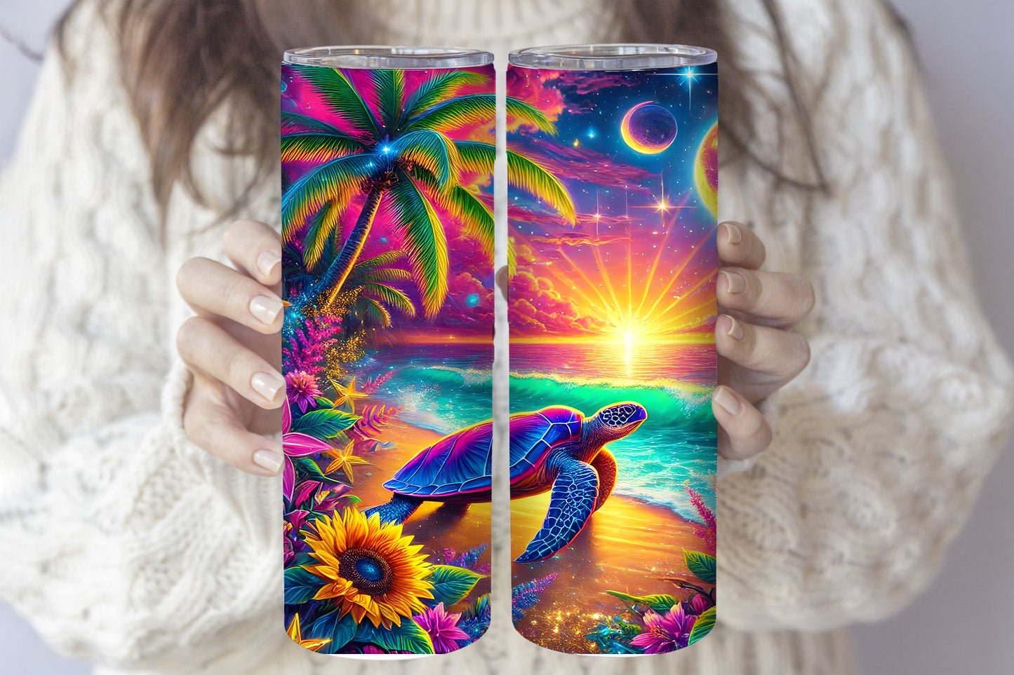 Vibrant Sea Turtle Tumbler, Tropical Ocean Scene Steel Water Bottle