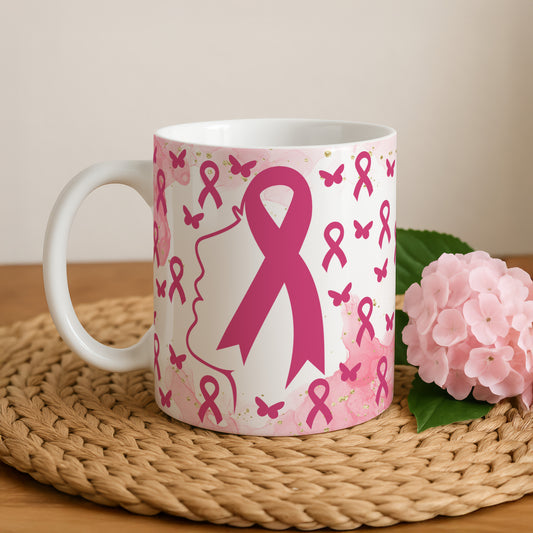 Cute Pink Ribbon Mug, Cancer Fighter Support Ceramic Cup.