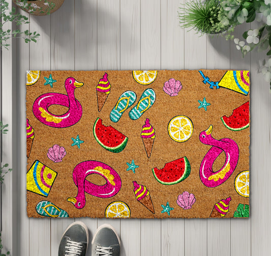 Vibrant Summer Fun Coir Doormat, Colorful Beach Theme Welcome Mat