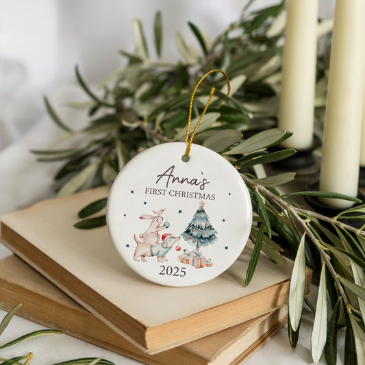Adorable Custom Baby's 1st Christmas Ceramic Ornament, Animal Theme Decoration