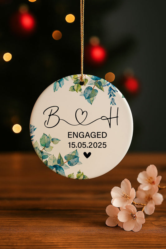 Custom Initials Ceramic Ornament, Elegant Engagement Date Keepsake, Engaged Gift