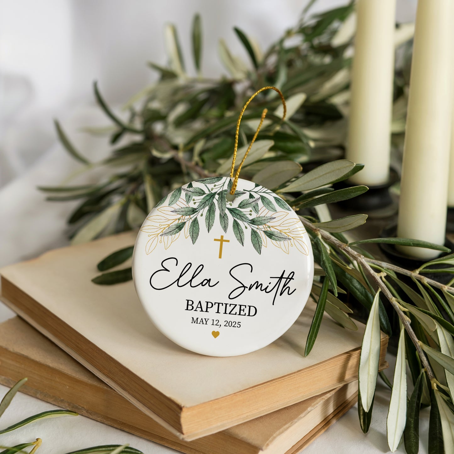 Floral Baptism Ceremony Ceramic Ornament, Personalized Baby Keepsake Gift