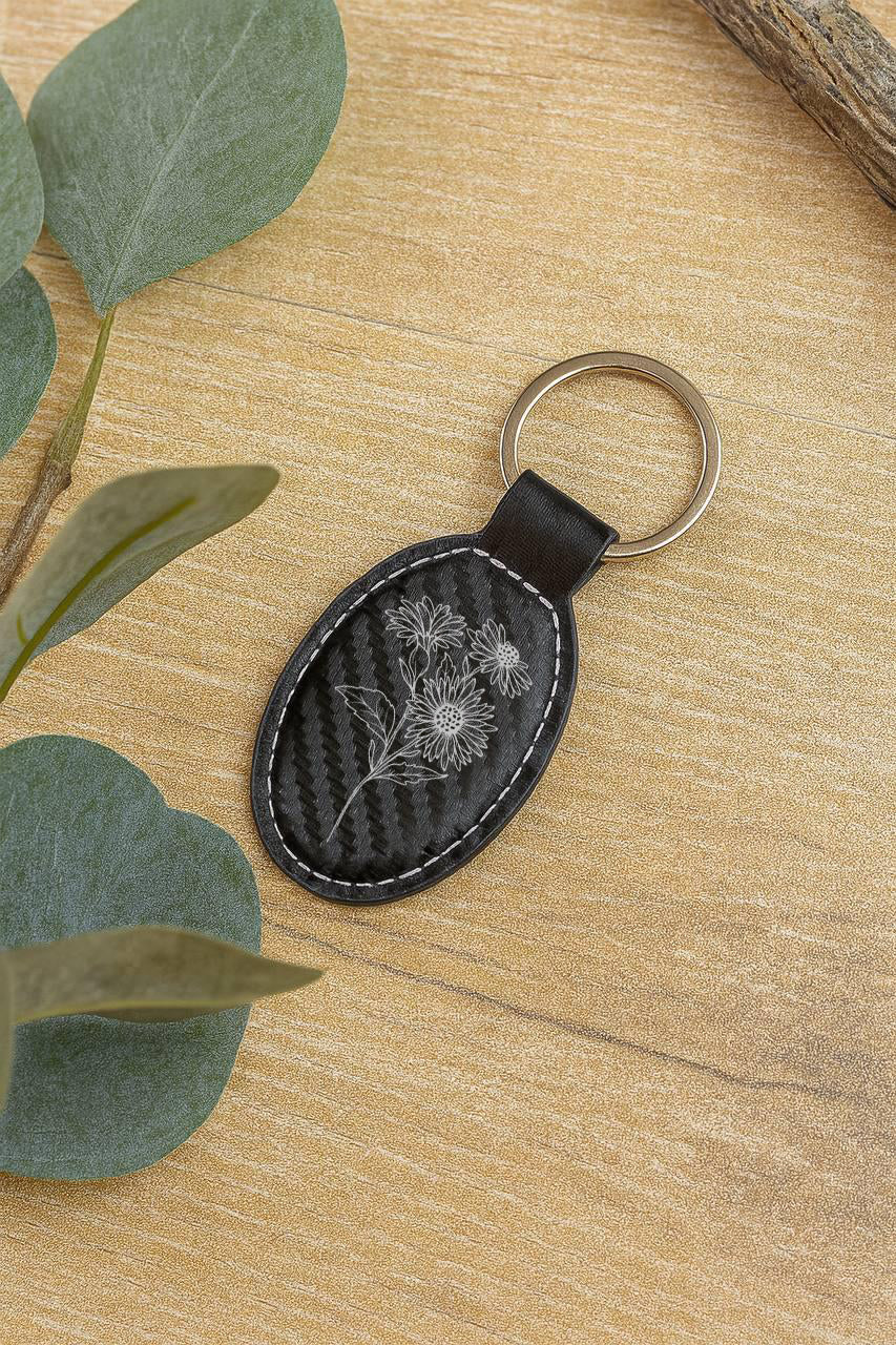 Custom Engraved Leather Keychain, Cute Bag Charm, Floral Themed Gift