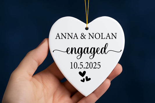 Personalize Your Engagement: Name & Date Ceramic Heart Ornament