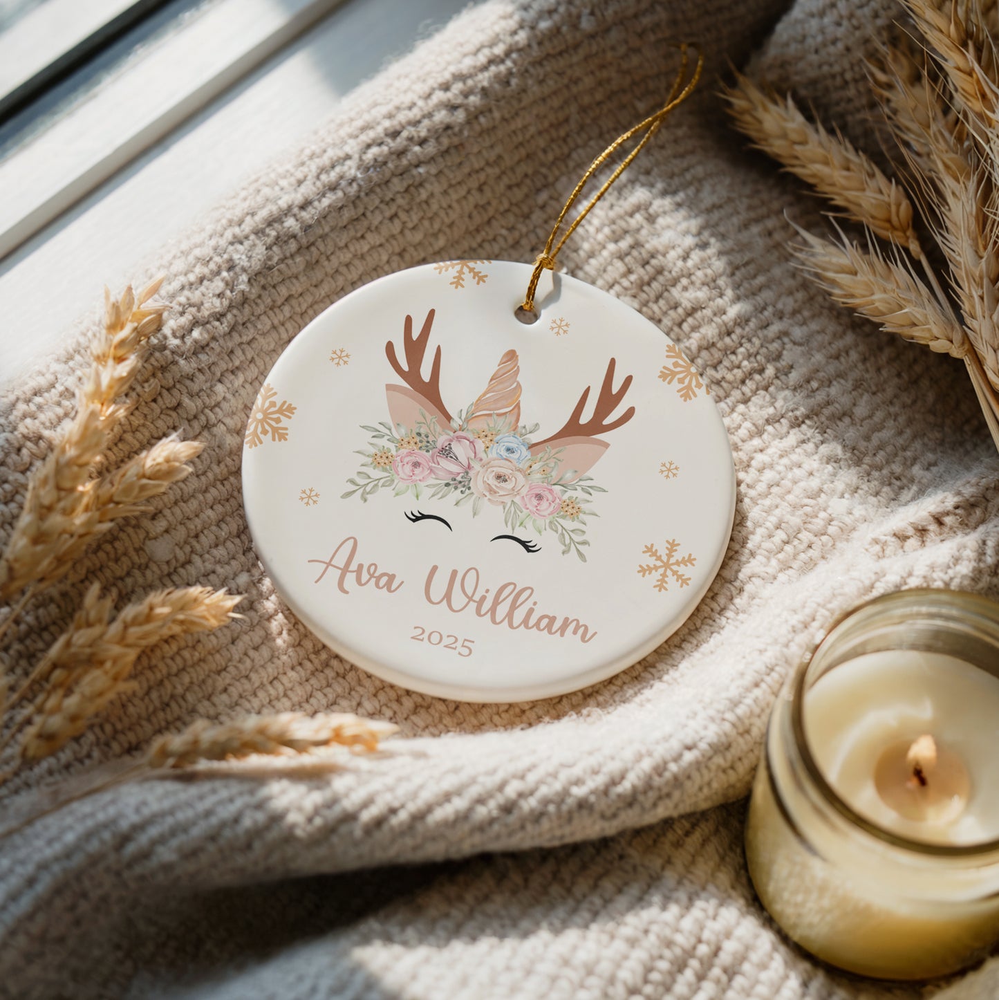 Adorable Reindeer & Floral Ceramic Baby Ornament, Unicorn Shower Gift