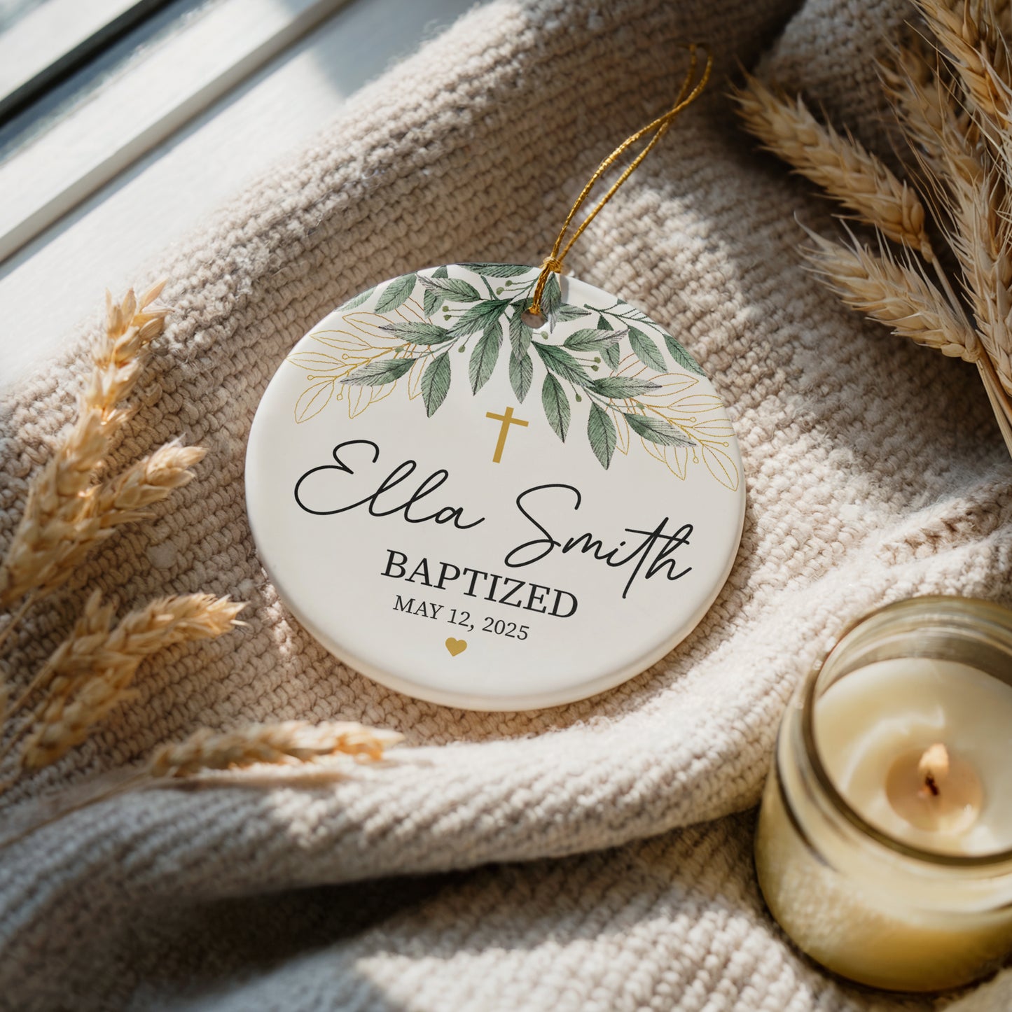 Floral Baptism Ceremony Ceramic Ornament, Personalized Baby Keepsake Gift