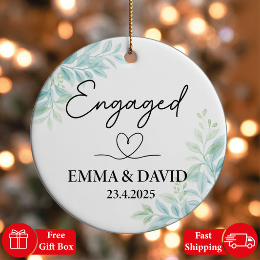 Floral Engaged Couple's Ornament, Personalized 2025 Christmas Keepsake.