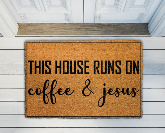 Christian Welcome Mat: Coffee & Jesus, Faith-Based Doormat, Housewarming Gift