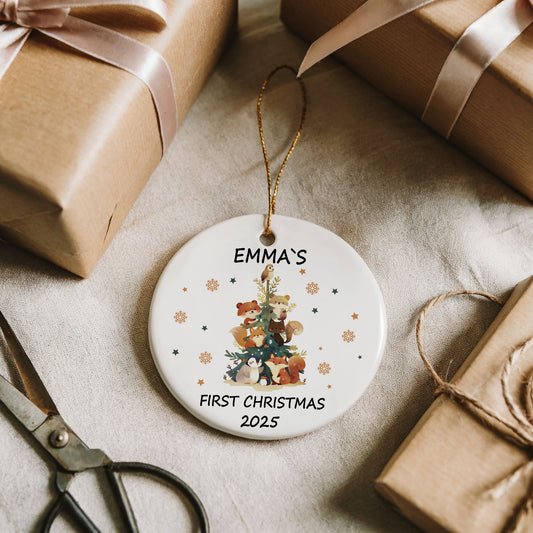 Personalized Ceramic Baby's First Christmas Ornament, Animal-Inspired Tree Decoration