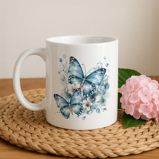 Watercolor Blue Butterfly Coffee Cup, Elegant Flowers, Butterflies Ceramic Tea Cup