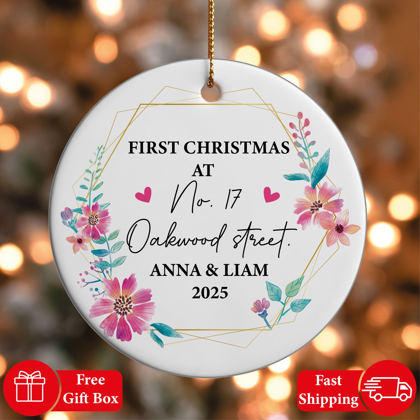 First Christmas at New Home, Floral House Address Ornament