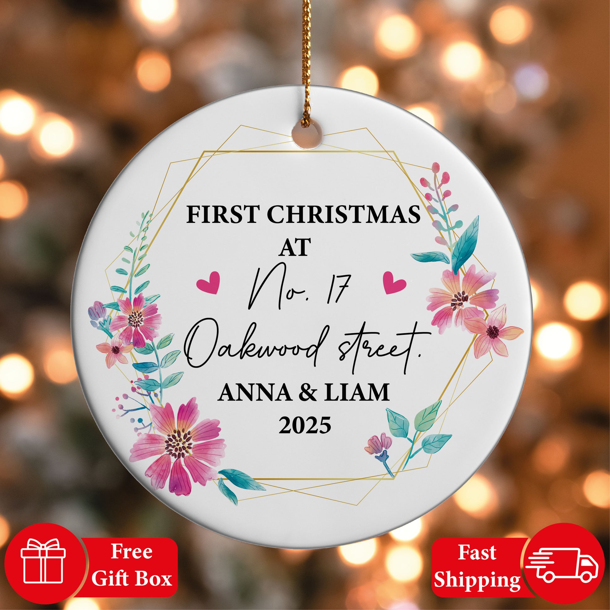 First Christmas at New Home, Floral House Address Ornament